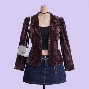 Vintage Edward Brown Crushed Velvet Jacket Blazer Size XL Lined Shoulder Pads